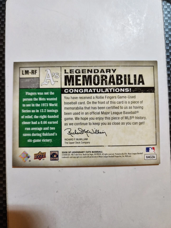 2008 SP LEGENDARY CUTS ROLLIE FINGERS GAME USED JERSEY #08/10!! ATHLETICS - Image 2 of 2