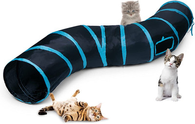 S Shape Cat Tunnel 2 Way Collapsible Indoor Play Tube Toy Maze Ball Blue Black