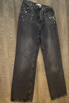 ZARA, Studded Black Straight Leg Jeans, US 4, EUR 36, Jeweled Denim Women's