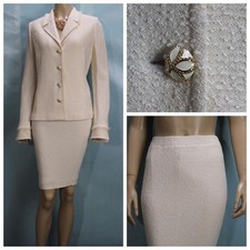 ST. JOHN Collection Off White Jacket Skirt L 10 12 2pc Suit Buttons Fringe Trim