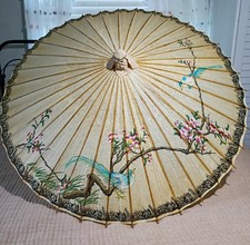 VTG Oriental hand painted rice paper bamboo parasol umbrella birds butterflies