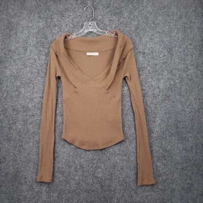 We The Free People Top Womens XS Brown Hot Stuff Long Sleeve V Neck Rib Stretch