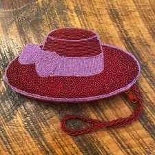 Red Hat Society Hat Shape Beaded Zipper Closure Wrist Purse ERMO Great Condition