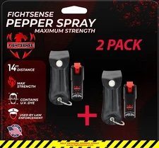 FIGHTSENSE 2Pc Pepper Spray Maximum Strength W-Leather Case Self Defense Black