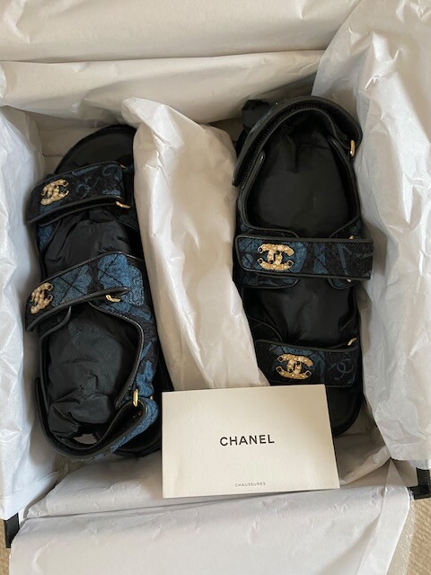 Chanel 21A Blue Black Denim CC Logo Mule Slide Strap Flat