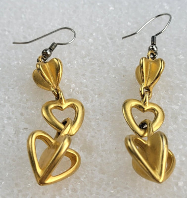Gold-Tone 3D Cut-Out Hearts Drop Earrings 1.75 in Pierced Hook