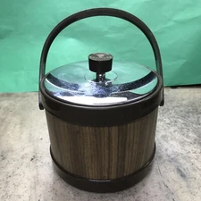 Vintage MCM 1960s Ice Bucket Faux Wood Chrome ATAPCO USA Barware Drink Cart Deco