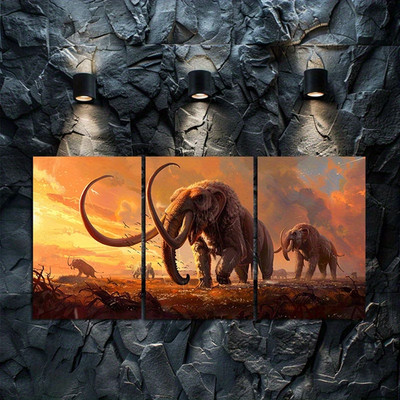 3pcs Mammoth Migration Saber-Toothed Tiger Scene Wall Art Canvas Unframed/Framed