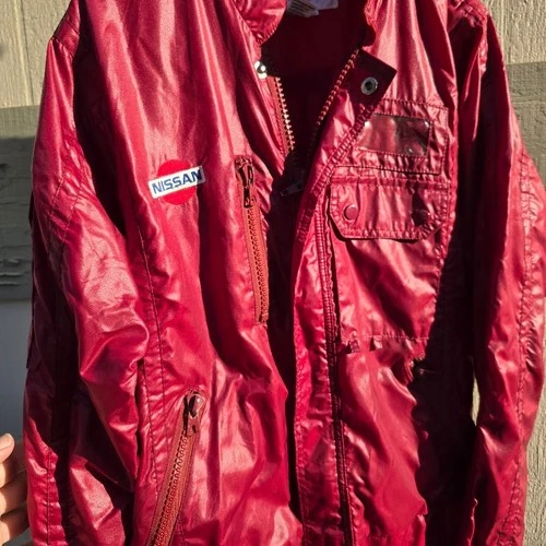 Vintage 80s Nissan Racing Jacket Mens Large Maroon Nylon Windbreaker Pit Coat image 4