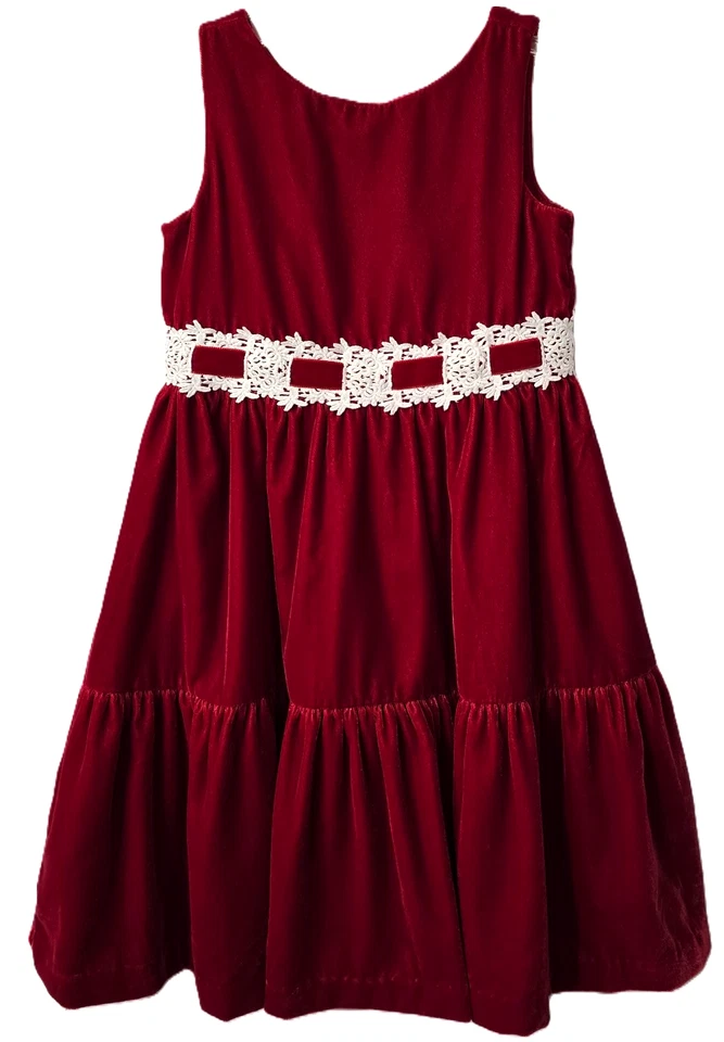 Vestido de férias Janie Jack veludo 4 4T menina renda forrado em camadas Natal vermelho igreja - Imagem 3 de 4