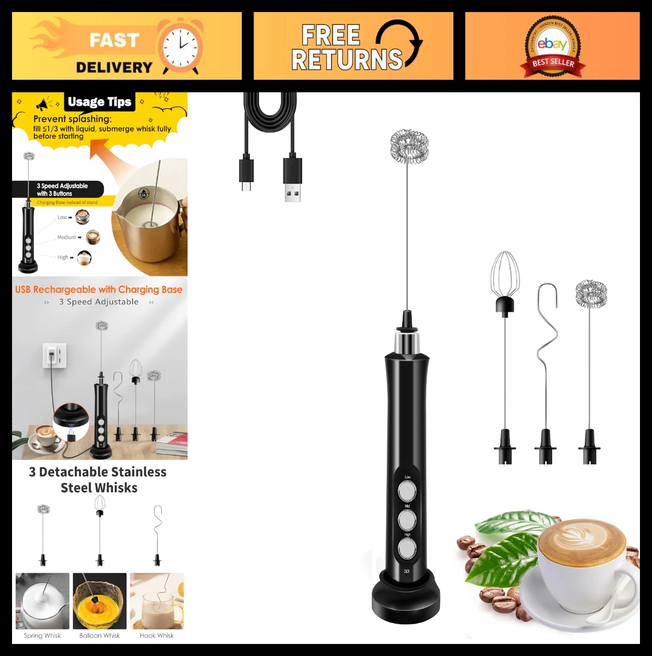 Rechargeable Handheld Milk Frother with 3 Whisks, 3 Speed Electric Foam Maker, D
Opens in a new wind