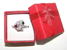 Peanuts Snoopy Ring S925 Sterling Silver Inlaid With CZ Crystals, Red Heart, Box