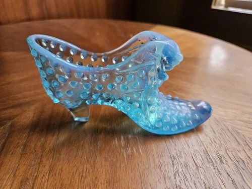 Vintage Fenton Glass Shoe Slipper Hobnail Blue Turquoise Opalescent