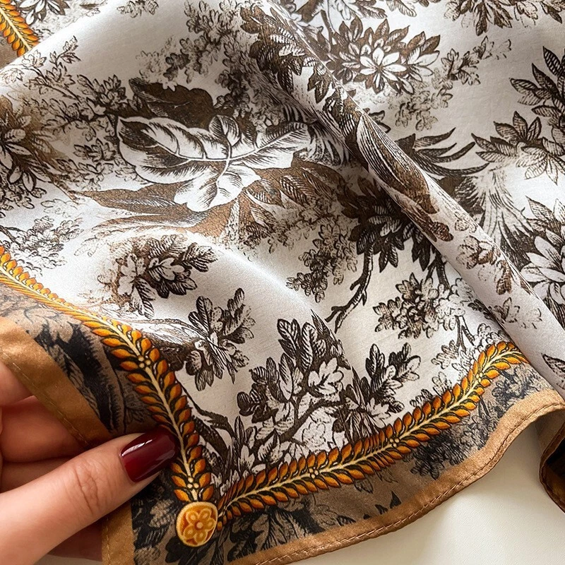 100% Silk Scarf Women Vintage Brown Flowers Kerchief Square Bandana Wrap 68*68cm - Image 4 of 4
