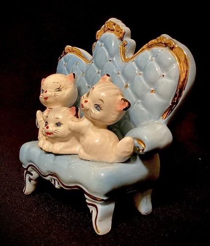 Bradley Originals Pampurred Porcelain Kitten Sitting on Blue Sofa Orimco Pottery - Picture 2 of 5