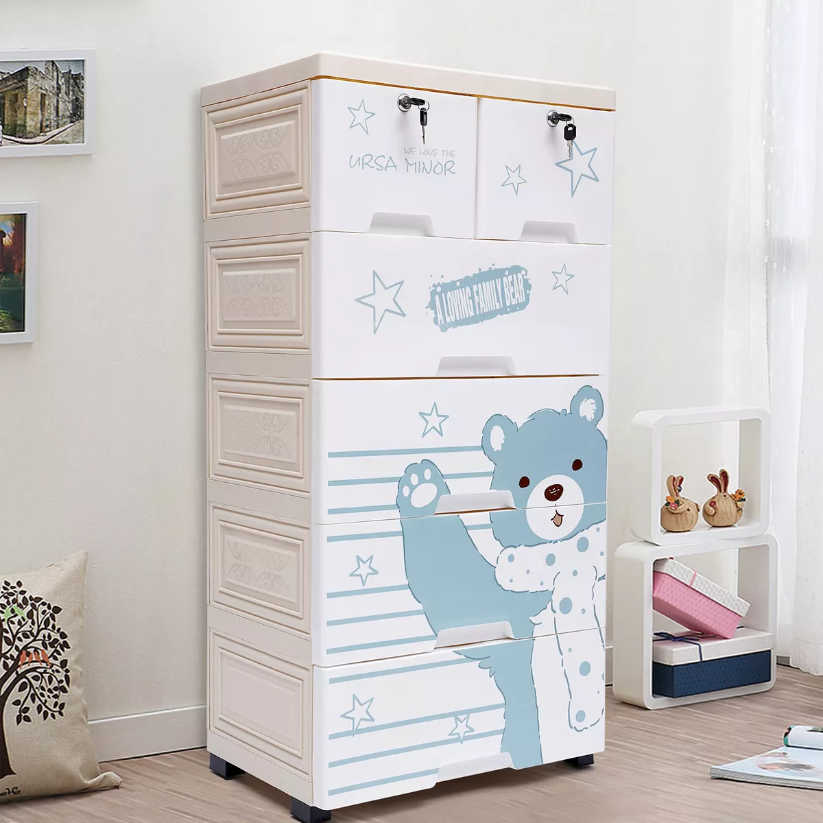 Rolling Polar Bear Plastic Dresser Bedroom Storage Cabinet 5 Layers 6 Drawers