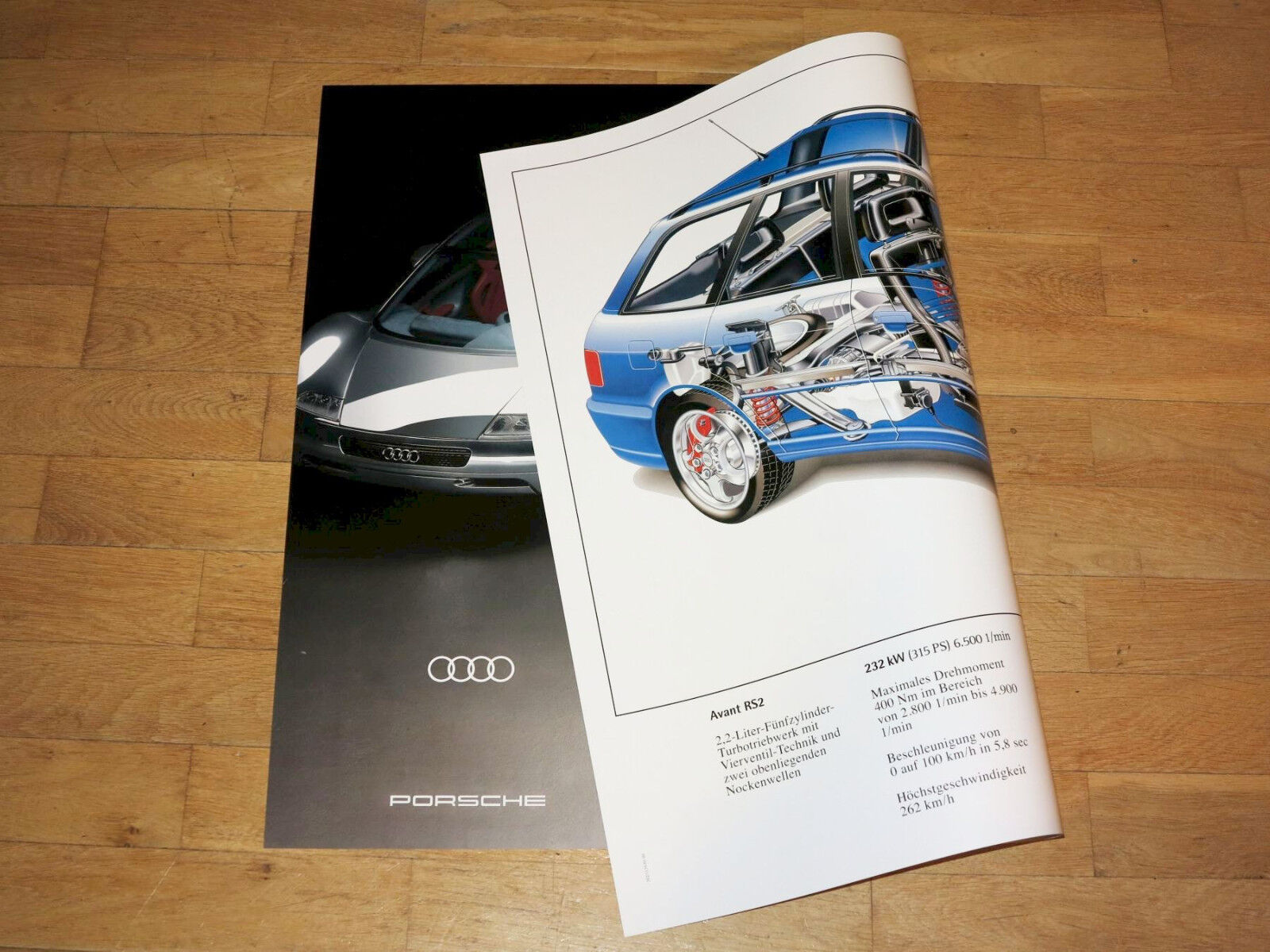 AUDI PORSCHE RS2 POSTER AVUS 3,6 TURBO SCHNITTZEICHNUNG ORIGINAL VINTAGE NEU