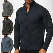 Mens Knitted Cardigan Jacket Pullover Zip Up Jumper Warm Thermo Fleece Lined New
