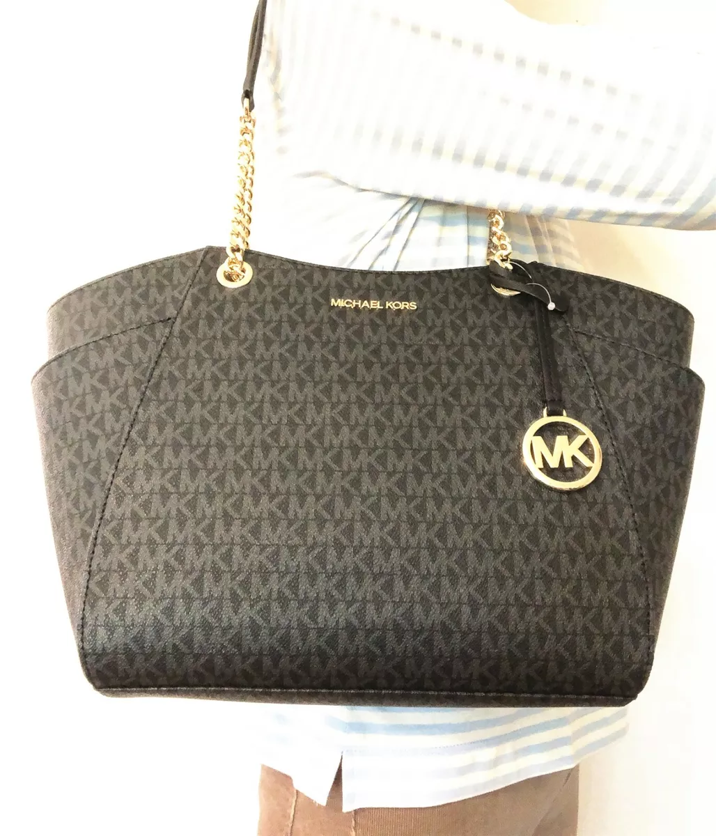 Michael Kors Jet Set Travel Chain Shoulder Tote Black MK Signature