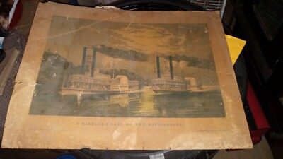 #ad Old quot;A Midnight Race on the Mississippiquot; Art Print Currier amp; Ives Thick Card $99.99