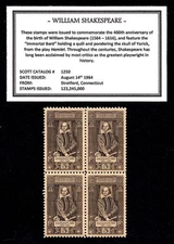 1964 - WILLIAM SHAKESPEARE- #1250 Mint -MNH- Block of Four Postage Stamps