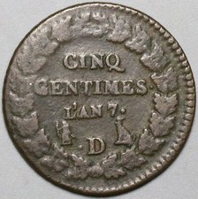 1798-D France 5 centimes An 7-D First Republic Lyon Mint Rare Coin (25020801R)