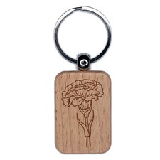 Carnation Flower Engraved Wood Rectangle Keychain Tag Charm