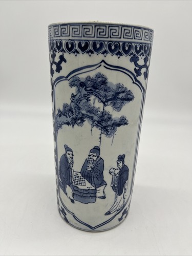 antique chinese blue & white porcelain umbrella stand hand painted crane, people - Picture 1 of 4