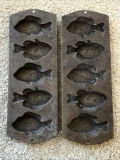 Vintage LOT of 2 - Lodge 5PP2 Cast Iron Perch Fish - Cornbread Muffin Mold Pan