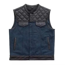 Hunt Club Style Mens Blue Denim Leather Vest Motorcycle Biker Concealed Carry