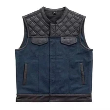 Hunt Club Style Mens Blue Denim Leather Vest Motorcycle Biker Concealed Carry