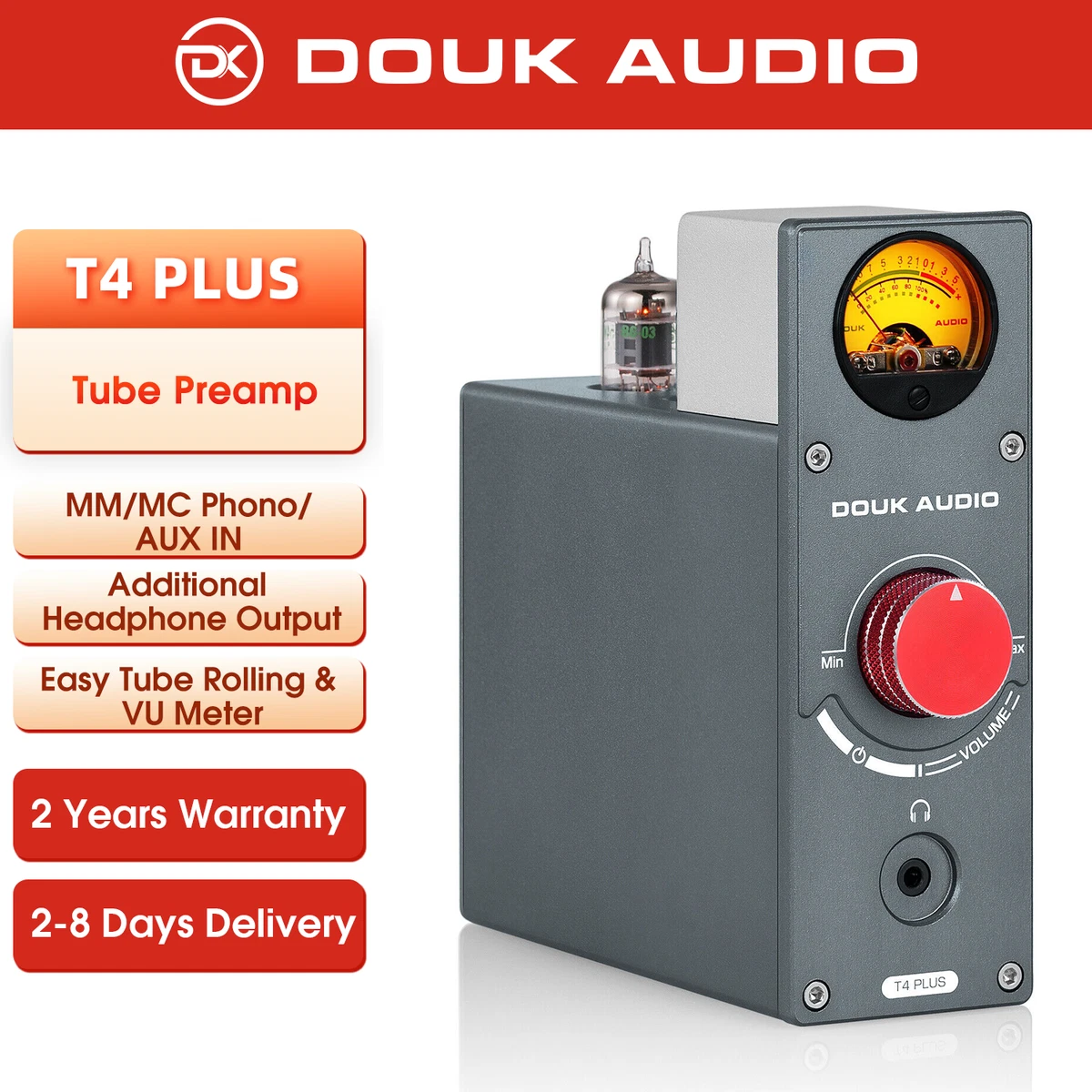 Douk Audio T4PLUS HiFi JAN5725 Tube Preamp for MM/MC Turntables w/VU Meter