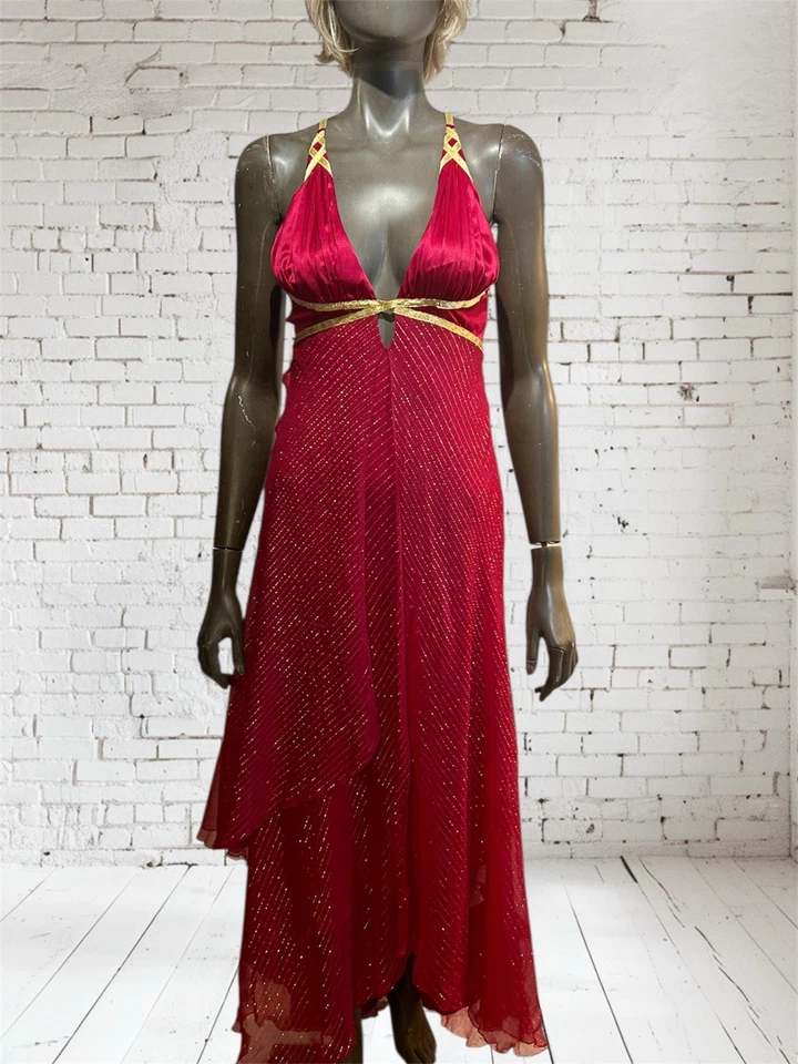 Maxi Vestido de Hadas Asimétrico De Colección Y2K Bebe Seda Gasa Dorado Brillante Diosa Foto 3 de 4