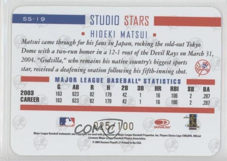 2004 Donruss Studio Studio Stars Gold /100 Hideki Matsui #SS-19 - Image 2 of 2