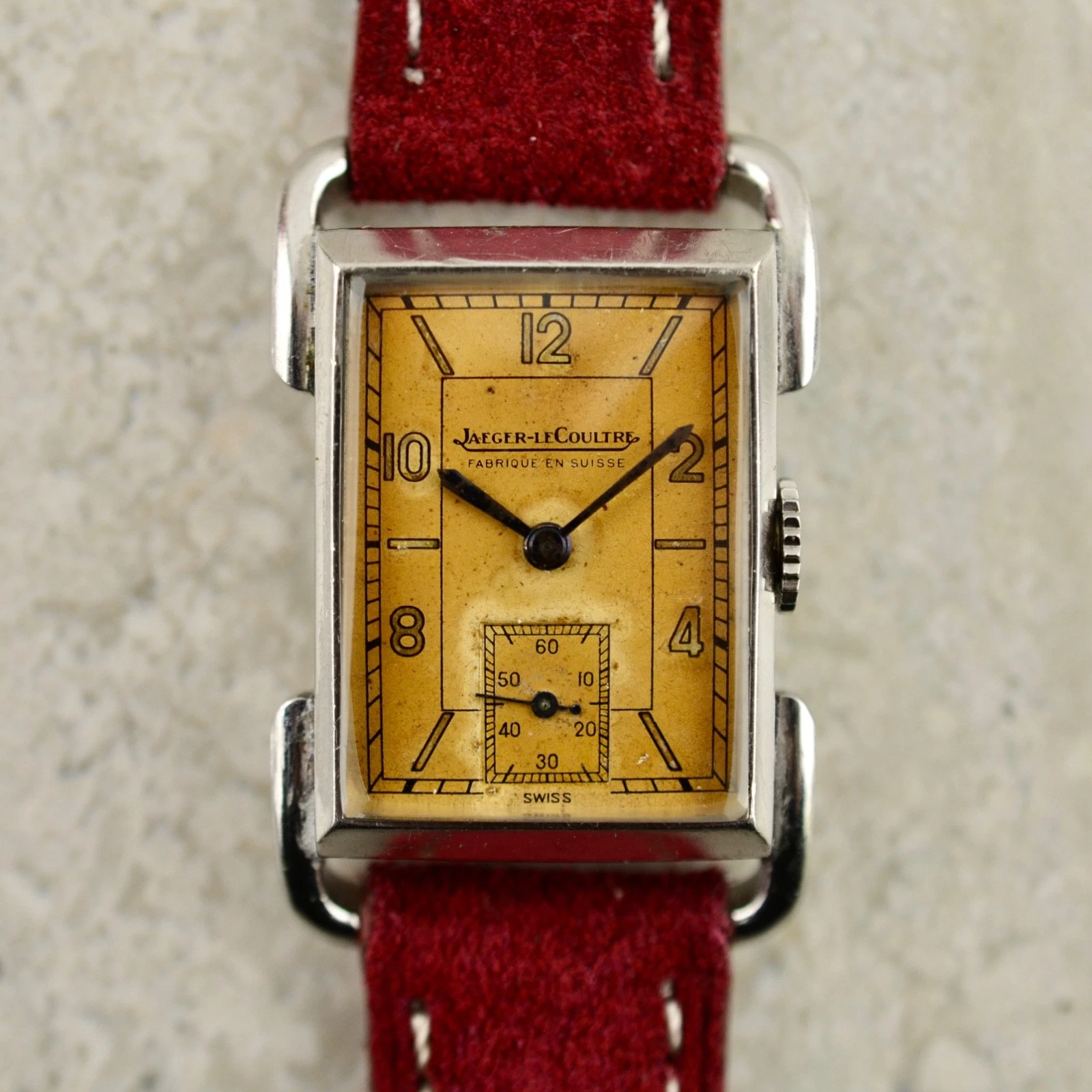 Jaeger LeCoultre — C.1936 Vintage Jaeger LeCoultre Uniplan Étrier steel watch w/Türler signed box