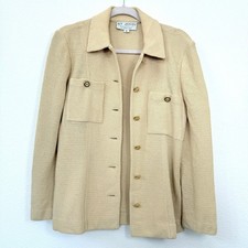 ST JOHN Collection Marie Gray Knit Jacket Warm Beige Gold Buttons Blazer Size 6