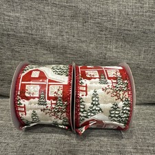 Two 2 spools of 2.5  Christmas Barn Tree scene wired Ribbon. Total 40ft