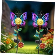 Solar Butterfly Garden Stake Lights Outdoor Waterproof 2 Pack Purple-2 Pack