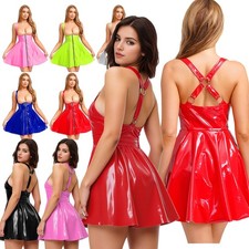 Women's Corset PU Leather Wet Look Pleated Miniskirt Glossy Suspenders Skirt
