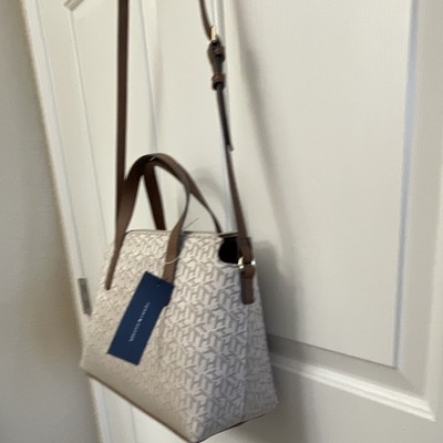 Tommy Hilfiger Beige Brown Monogram Zip Satchel Top Handle, Detachable Strap