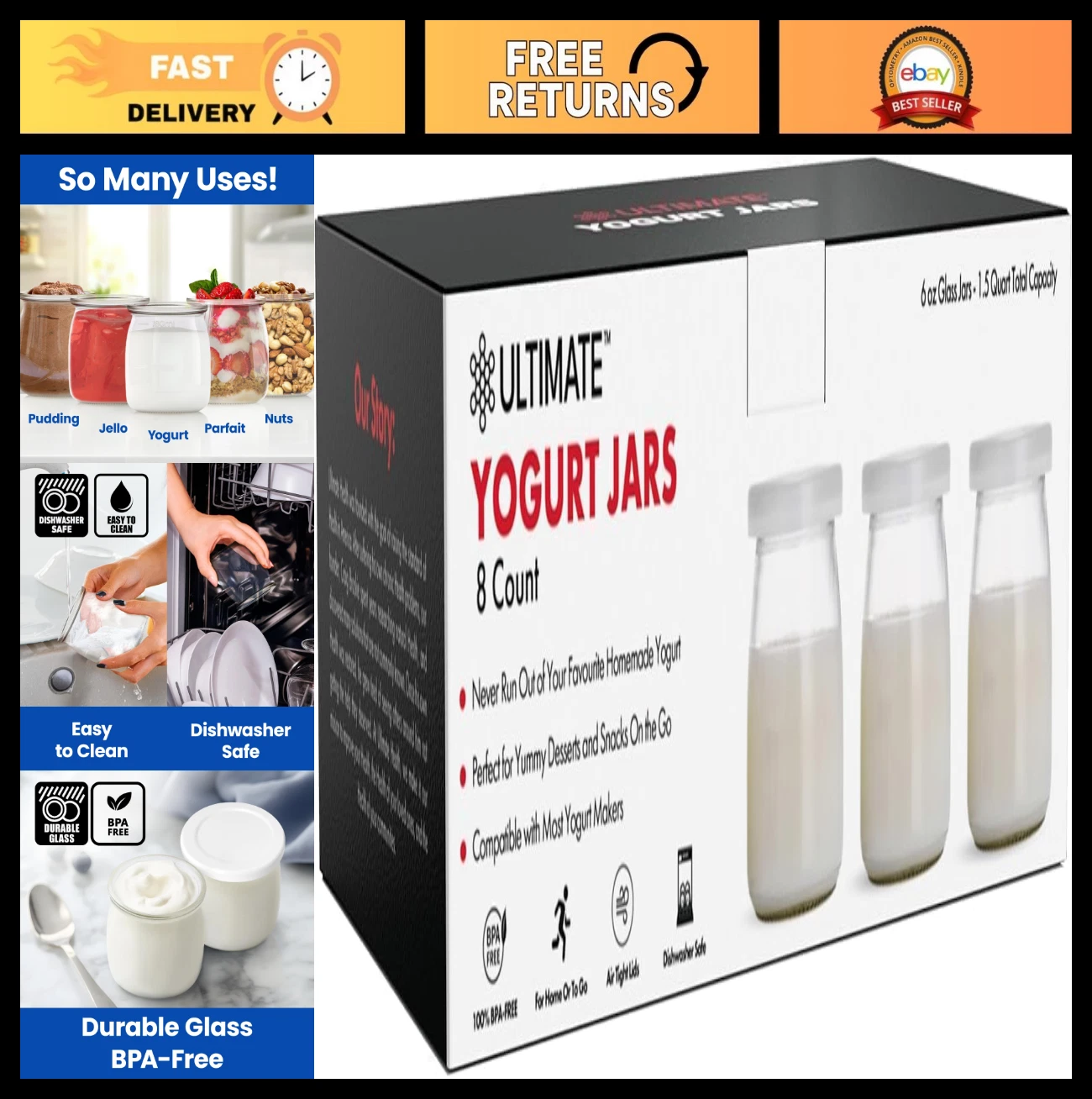 8 Count Glass Yogurt Jars with Lids - BPA Free, Airtight, Dishwasher Safe Contai