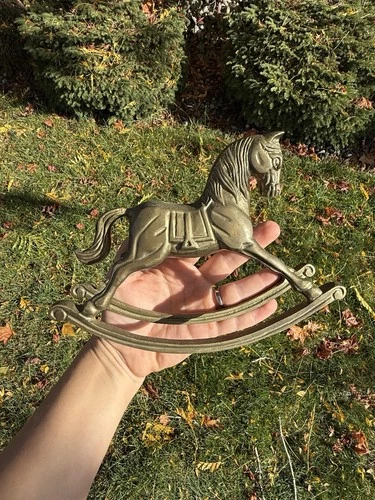 Vintage Brass Rocking Horse Figurine Solid Brass Mid-Century Style Unpolished 9”