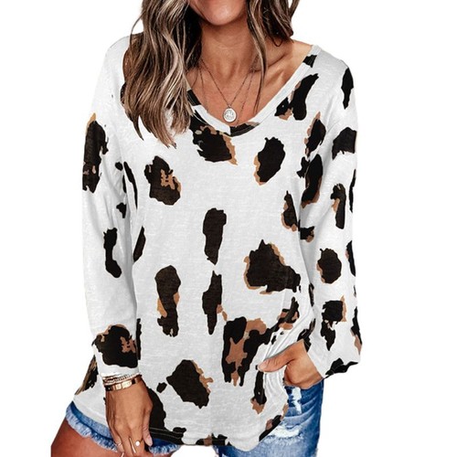 Women Plus Size Long Sleeve V-Neck T-Shirt Leopard Loose Pullover Tunic Tops 3XL - Picture 14 of 20