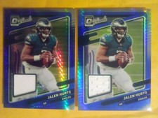 2021 Donruss Optic Jalen Hurts Threads Blue Hyper Prizm 2 Jersey Patch Card's 