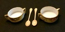2 Antique hand painted Nippon Open Salt Cellars or Caviar Dishes w/ Bone Spoons