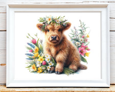 Cow Wall Art Print, Highland Cow With Flowers Wall Art Decor, Farmhouse Print 9