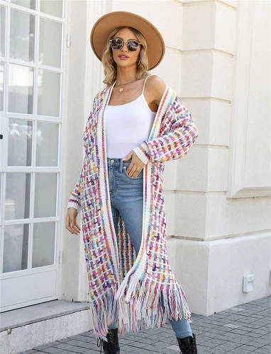 Womens Boho Cardigan Sweater Open Front Fringed Tassels Aztec Maxi Cardigan - Picture 9 of 13