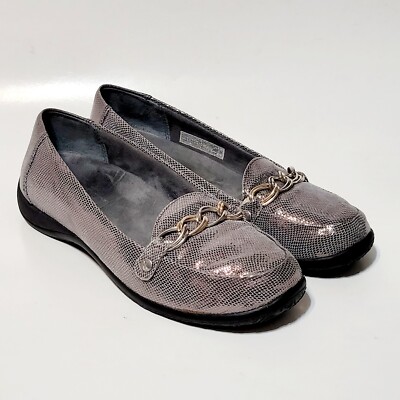 Vionic Alda Metallic Pewter Leather Snakeskin Print Chain Loafers Wms 7.5US 38.5