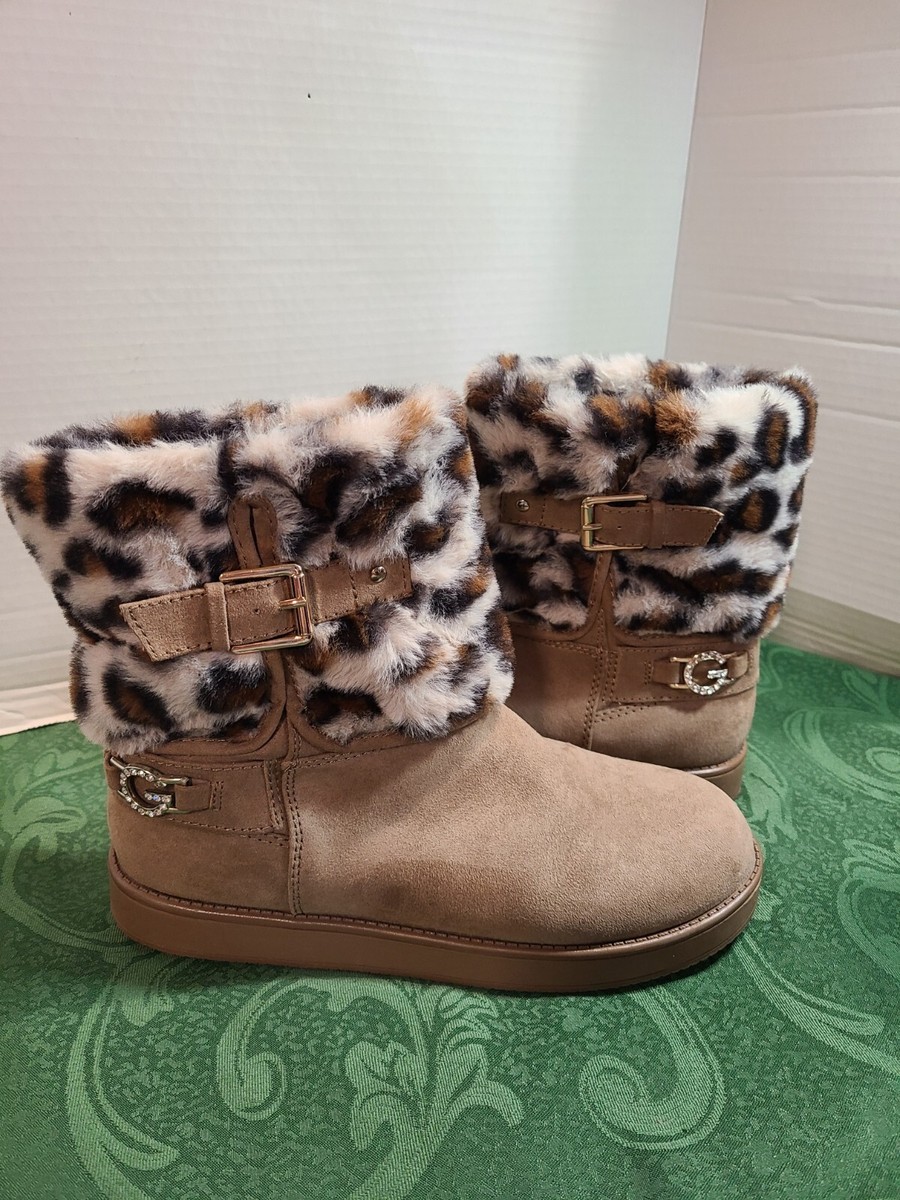 GBC Aleya Suede Animal Print Faux Fur Ankle Boots Rhinestone Buckle Sz
