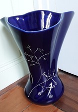Grand Vase ancien Céramique Bleu Nuit cobalt émaillé fleurs blanches signé 